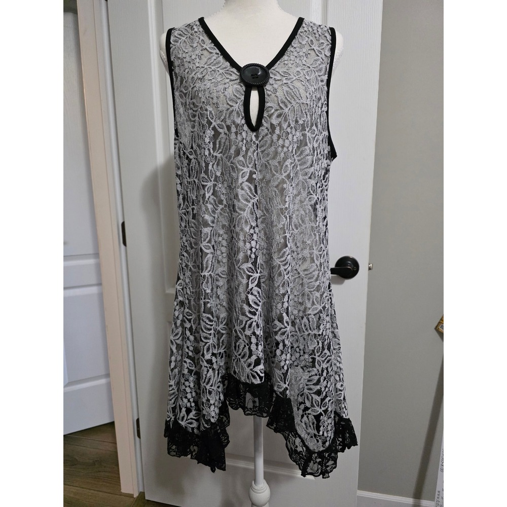 Feminality XL Black Silver Floral Lace V-Neck Keyhole Sharkbite Dress Whimsigoth